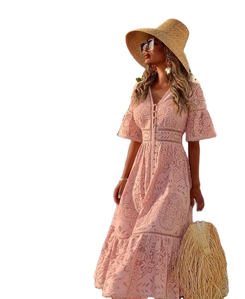 도매 짧은 소매 V 넥 패션 여름 핑크 화이트 블루 레이스 맥시 긴 섹시한 스커트 섹시한 보헤미아 레이스 메쉬 소녀 드레스