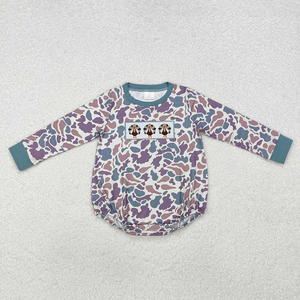 Baby <b>Kids</b> Boys Thanksgiving Camo Print Long Sleeve Crew Neck T-Shirt <b>Bubble</b> Romper with Turkey Embroidery - Product Image 3