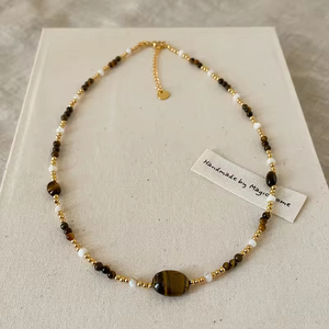 Collar de Moda para Mujer, Estilo Vintage, Cadena para Clavícula de Doble Capa, Chapado en Oro Real, con Colgante de Piedra de Ojo de Tigre Natural - Product Image 2