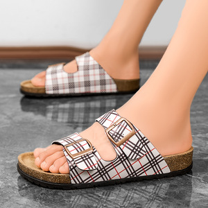 Designer Plaid Pattern Artificial Leather Slides slippers Open Toe Cork <b>Insole</b> Rubber Sole Fashion Summer men's slide Slippers - Product Image 4