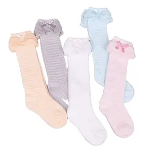Summer anti mosquito thin cotton bowknot mesh knee high socks transparent socks kids girls