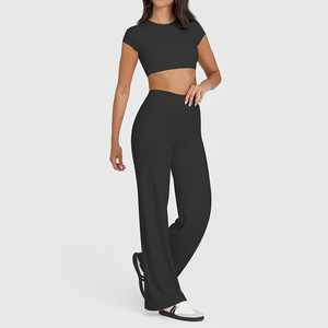 Yoga Set Women 2 Piece Blue Crew Neck Backless Padded Bra High Waist Wide Leg Pants Summer 2025 Workout Outfit - Product Image 2