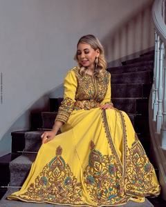 Hermoso amarillo Kaftan Dubai Base elegante pesado Zardozi bordado hasta el suelo para vestido de novia-2019 ATIYA LIBAS acetato - Product Image 1