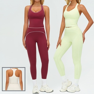 Ensemble de sport sexy dos nu avec leggings taille haute et coutures contrastées, tenue de fitness et yoga 2 pièces pour <span class=keywords><strong>femme</strong></span> - Product Image 1