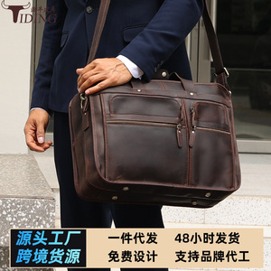 Tiding Crazy Horse Leather <b>Briefcase</b> 17 Inch Multi Functional Business Travel Bag Men Solid Color - Product Image 5