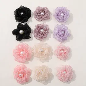 Flor de chiffon com pérola para meninas acessórios de cabelo flores artificiais para bandana decorativa para festa de casamento