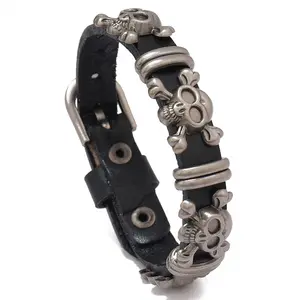 Skerwal Jewelry Punk Vintage Skull Personalized Belt Buckle Bracelet Leather Cuff Wristband for Students
