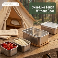 Boîte à lunch de camping en acier inoxydable 304 avec couvercle en bambou, sangle élastique, conteneur de stockage alimentaire portable pour pique-nique et randonnée
