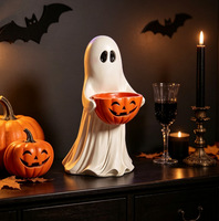 Statue en résine peinte à la main, motif citrouille fantôme d'Halloween, servant de bol à bonbons, d'ornement de table, de support de rangement pour fêtes et de cadeau
