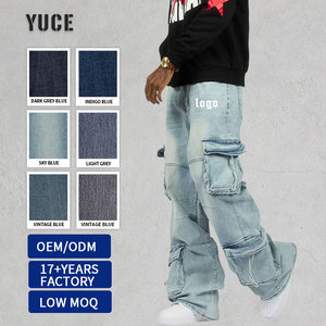 Jean cargo YUCE pour homme, coupe ample, <span class=keywords><strong>denim</strong></span> bleu clair, multi-poches, jambe large empilée, délavage vintage, streetwear, fabrication OEM sur mesure - Product Image 1