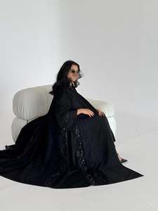 Abaya <span class=keywords><strong>bleu</strong></span> marine ouverte en gros de Dubaï avec manches en dentelle brodée pour femmes musulmanes - Product Image 5