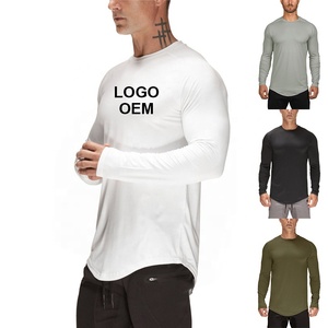 Long Sleeve Curved Hem Longline Plain <strong>White</strong> Stretchy T <strong>Shirts</strong> Customisable Men's <strong>Compression</strong> Gym Muscle Fit Tee <strong>Shirts</strong> - Product Image 1