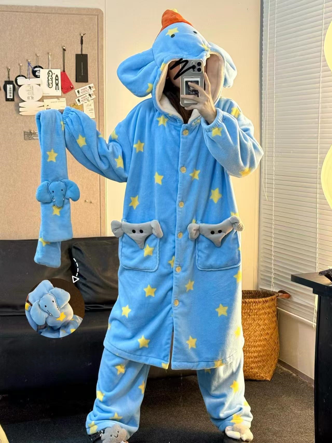 IM93 bleu-Éléphant mignon (robe longue et pantalon, écharpe assortie gratuite)