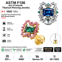 Piercing Labret Hélix Tragus en Titane ASTM F136 G23, Plaqué Or, avec Zircon Cubique Rectangulaire Taille Émeraude Effet Rayon de Soleil, Sans Filetage, à Poussoir