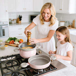 Multi-Functional Cookware Set Cream Color Frying <b>Pan</b> Steamer Pot With <b>Handle</b> Oven Safe Kitchen Set - Product Image 1