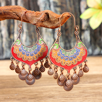 Boucles d'oreilles longues pendantes style bohème dorées, avec franges, motif fleur émaillée, bijoux fantaisie à crochet