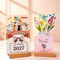 Calendrier de bureau 2027 en gros, motif chat irrégulier, base en bois, impression artistique florale, calendrier anglais, décoration de bureau à domicile, personnalisable