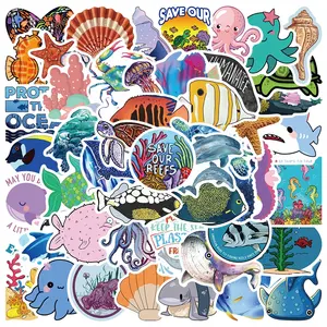 50Pcs Oceaan Mariene Leven Vis Kwallen Leuke Cartoon Sticker Voor Kinderen Groothandel Bagage Laptop Graffiti Stickers