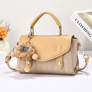 Bolso de Mano Tipo Satchel para Mujer, con Bloques de Color, Adorno de Pompón, Correa Extraíble, Cierre de Solapa Clásico, para Uso Diario - Product Image 2