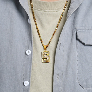 Unisex street style number pendant hip-hop style <b>titanium</b> steel gold-plated full diamond necklace, niche and high-end. - Product Image 4