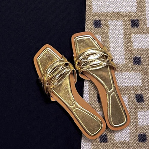 Femmes <span class=keywords><strong>cuir</strong></span> de vachette tissé or pantoufles plate-forme été fond plat creux demi <span class=keywords><strong>sandales</strong></span> françaises sans lacet fermeture demi-support - Product Image 4