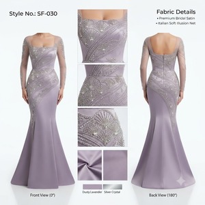 Dusty Lavender Mermaid Gown with Square Neckline and Diagonal Fan Motif <b>Silver</b> Embroidery Elegant Evening Party <b>Dress</b> - Product Image 1