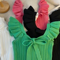 Gilet d'été sans manches pour femme, de haute qualité, fin, anti-boulochage, en tricot gaufré Spandex/Polyester, avec nœud décoratif, élégant