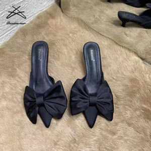 Sandales d'été à talons courts pour femmes, nœud papillon, Satin soie, talons hauts pour dames, <span class=keywords><strong>chaussures</strong></span> pour femmes, pantoufles - Product Image 5