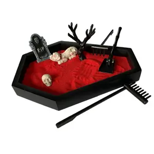 Table à sable Halloween Coffin Zen Garden avec décor gothique de sable rouge pour la maison Tables de chambre intérieure Accessoires effrayants ensemble de table à sable