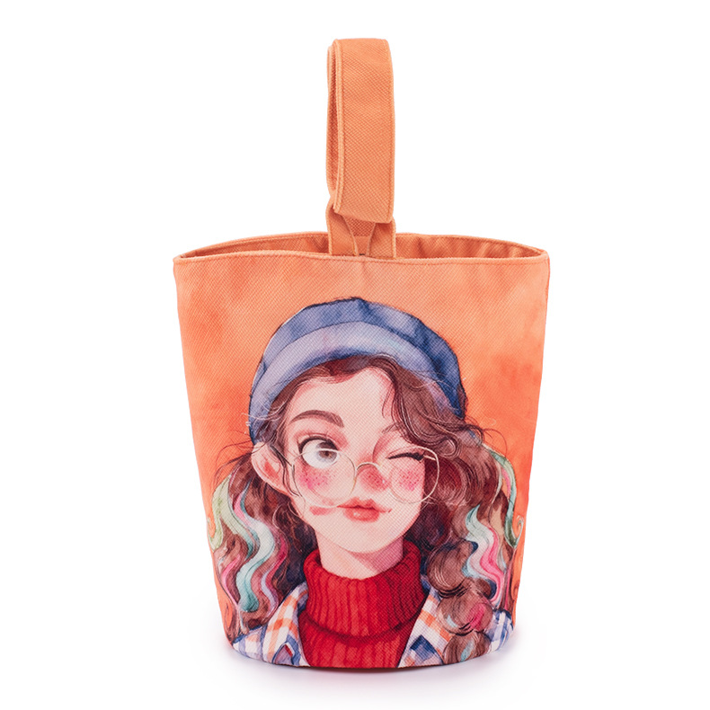 Double-layered, colorful curly hair in warm orange tones.