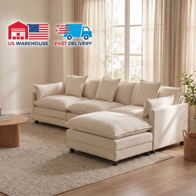 US Stock Cloud Modular L-Shape Sectional Sofa Ottoman Plush Chenille Fabric Couch Deep Seat Living Warehouse Villa Upholstered