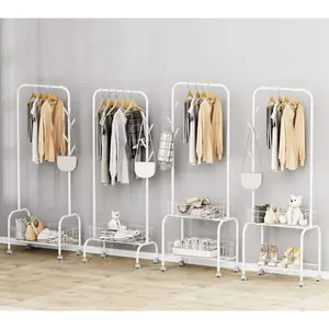 2024 Korean Style Multifunction White Metal Coat Rack With Lockable Wheels Standing Garment Rack In Small Place