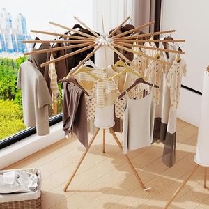 Wholesale Tripod Wooden Multifunction Adjustable Non-folding Clothes Drying Rack OEM ODM Custom Logo 16 Poles Floor <b>Storage</b> - Product Image 1