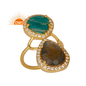 Amazonite and Labradorite Gemstone <b>Ring</b> 14k Gold Vermeil <b>Statement</b> Brass <b>Ring</b> Fashion Jewelry Supplier Vintage Collection - Product Image 1