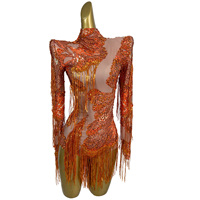 Combinaison une pièce tendance à manches longues, franges et strass pour femme, idéale pour les pom-pom girls, les festivals, les clubs et les danseuses Gogo