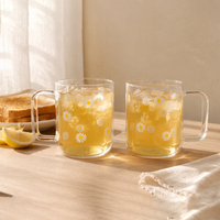 Mug en verre borosilicate de haute qualité imprimé Daisy de 500 ml avec poignée pour café, thé, jus et boissons glacées