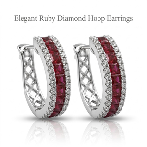 Boucles d'oreilles créoles Huggie en or blanc 18 carats de qualité supérieure, serties de rubis et de diamants, trois rangées, taille princesse, rubis naturels, MOQ 1 pièce - Product Image 1