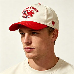 Gorra de Béisbol Retro Coast Bordada de 6 Paneles, Unisex, Corona Blanca, Visera Curva Roja, 100% Algodón Lavado, Bordado de Estrella y Puntos - Product Image 1