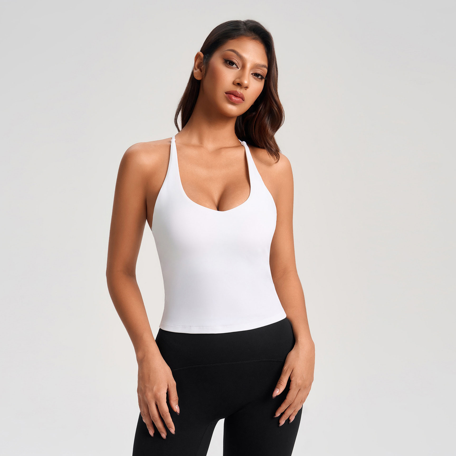 Sexy Plunge Deep V Neck Women Casual Basic Sleeveless Tops Slim Fit Going Out Crop Tank Tops Women's Seamless Yoga Top White