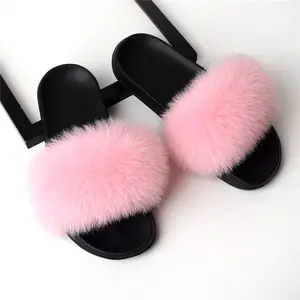 Aparado pele Slides Fornecedores Por Atacado de Pelúcia Soft Real Fox Fur Chinelos Slides