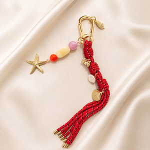 Boho Ocean Starfish Shell Bag Charm with Heart &amp; Pearl <strong>Beads</strong>, Tassel <strong>Keychain</strong> for Purses &amp; Backpacks, Beach Tassel Bag Charm - Product Image 1
