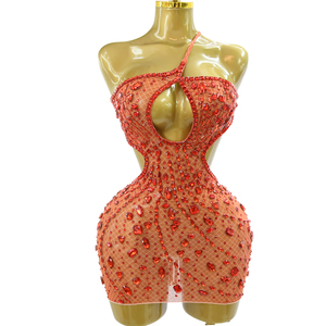 <span class=keywords><strong>Mini</strong></span> Abito da Donna <span class=keywords><strong>in</strong></span> Rete Trasparente Arancione Rosso con Strass, Halter, Cut-out, Bodycon, per Spettacoli e Serate - Product Image 1