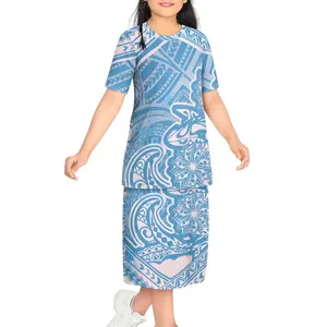 여름 인쇄 폴리네시아 패턴 2 세트 어린이 도매 폴리네시아 꽃 꽃 소녀 투피스 세트 드레스 스커트