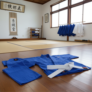 Trajes de judo de algodón azul 100% GI 350 gramos con cinturón blanco Desgaste de artes marciales - Product Image 3
