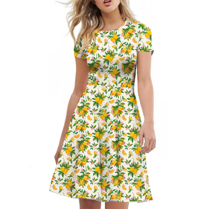 Phụ Nữ Của Quần Áo Phụ Nữ Mới Dễ Thương Chanh Sọc O-Cổ Ngắn Tay Áo Eo Thanh Lịch Ăn Mặc Pleated Lớn Đu Phụ Nữ Ăn Mặc Giản Dị - Product Image 5