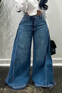 Pantalons larges à jambes larges pour femmes européennes et américaines, taille <span class=keywords><strong>grande</strong></span>, bleu délavé, pantalon évasé à empiècements, pantalon ample à franges, <span class=keywords><strong>longueur</strong></span> au sol - Product Image 6