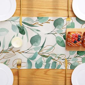 Camino de Mesa al por Mayor, de Lino, con Estampado de Flores de Primavera/Verano y Hojas de Eucalipto, para Decorar la Mesa del Comedor - Product Image 4