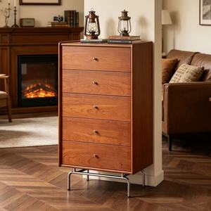 Commode haute à 5 tiroirs en bois massif de qualité supérieure, grand rangement vertical, style vintage du milieu du siècle, en noyer, avec pieds en métal pour chambre à coucher L - Product Image 1