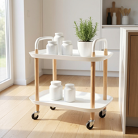 Chariots à main portables multifonctions, chariot alimentaire mobile en bois massif et plastique avec frein et 2 étagères de rangement