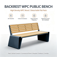 Banc public WPC avec dossier, démontable, en kit plat, pour extérieur (parc, école, commerce, rue), intérieur (hôpital, stade), ou comme banc d'attente
